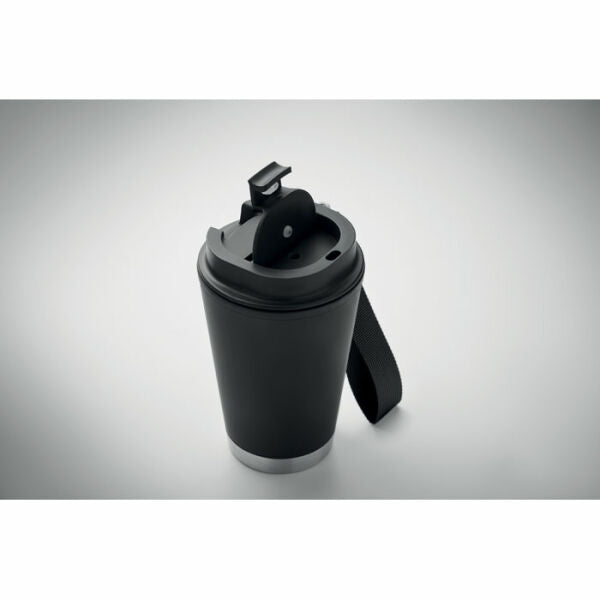 Koffie/thee reisbeker RVS zwart met handlus 300ml